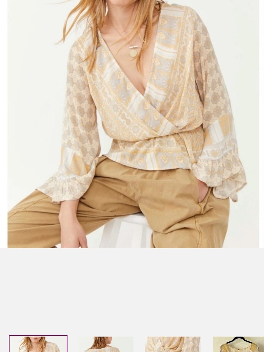 Free People Beige & Ivory Printed Wrap Blouse